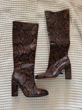 Zara Brown Snake-Print Knee Boots